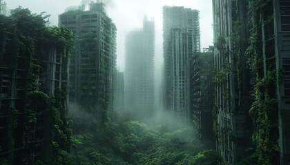 A futuristic city, now abandoned and overgrown with thick vines, moss, and towering trees that have grown through skyscrapers