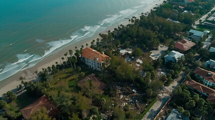 Aerial view of a hurricane-devastated coastal town with uprooted trees, collapsed buildings, and scattered debris across the streets, ocean waves crashing against the shore, emphasizing the widespread