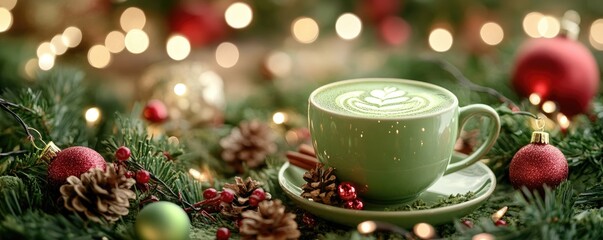 Green matcha Christmas latte with whipped cream, on xmas New year holiday decorated background. ai generated