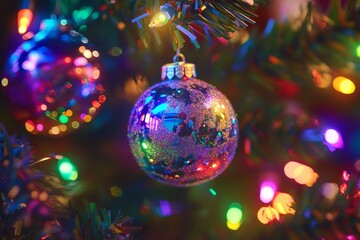 Fototapeta premium Shiny reflective Christmas bauble hanging on a tree with vibrant glowing lights in the background.