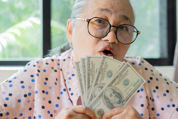 Senior grey-haired Asian woman holding 100 US Dollar banknotes with smiling friendly gesturing...