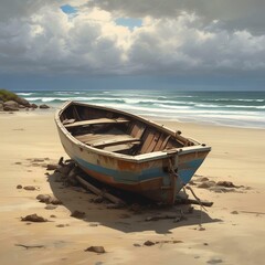 Obraz premium Illustration of old broken boat on sandy beach.