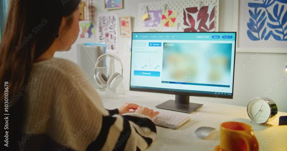 Poster close up of girl typing text prompt in ai video generator on computer. pc screen shows ai generated 