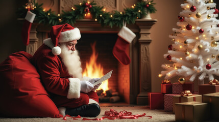 Santa Claus reading list by Christmas tree and fireplace