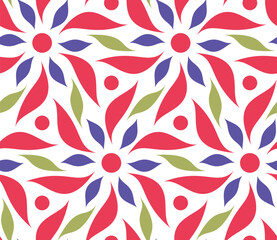 Seamless geometric floral pattern. Abstract red, purple, and green flowers on a white background. Elegant and simple design. Decorative vector illustration. 