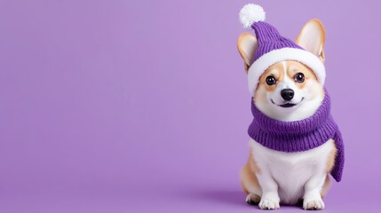 Adorable corgi in a cozy winter outfit against a vibrant purple background &ndash; perfect for pet lovers and seasonal celebrations