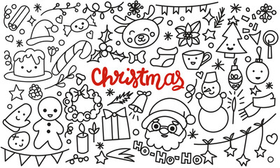 Christmas clipart collection. Christmas design elements in outline doodle style. Large set for Christmas, new year and celebrations. Hand drawn icons isolate on white.