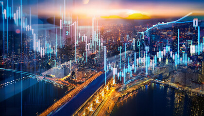 Obraz premium Stock market graphs. Business financial statistics overlaid on blurred cityscape background.