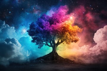 Fototapeta premium A vibrant cosmic tree standing tall against a starlit sky merging nature and fantasy in a colorful display of light and energy