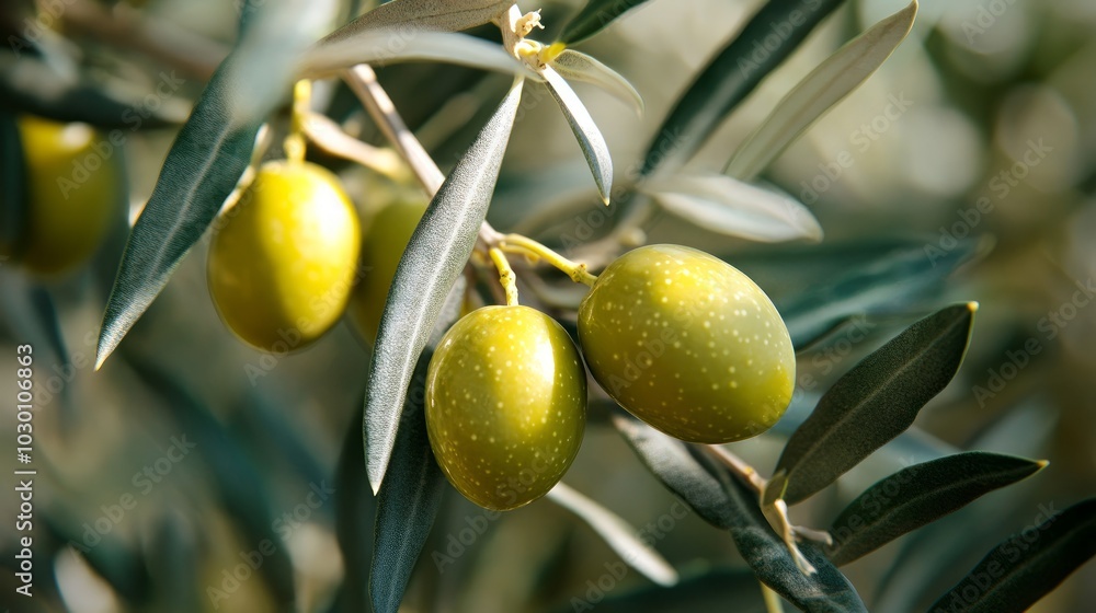 Wall mural Close-up of green olives on a branch of an olive tree.