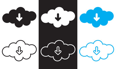 Cloud download icon with arrow down symbol, save import icon, data storage database icons button.  Vector illustration isolated on white and black background. EPS 10
