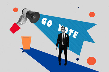 Composite photo collage of happy guy president wear suit hand hold megaphone agitation go vote...