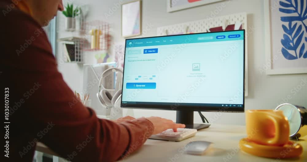 Poster young man enters prompt in artificial intelligence chatbot app on pc. advanced ai video generator ge
