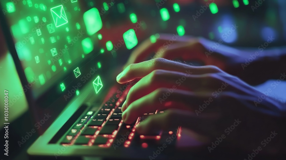 Poster close-up of hands typing on a laptop keyboard with glowing green email icons floating around.