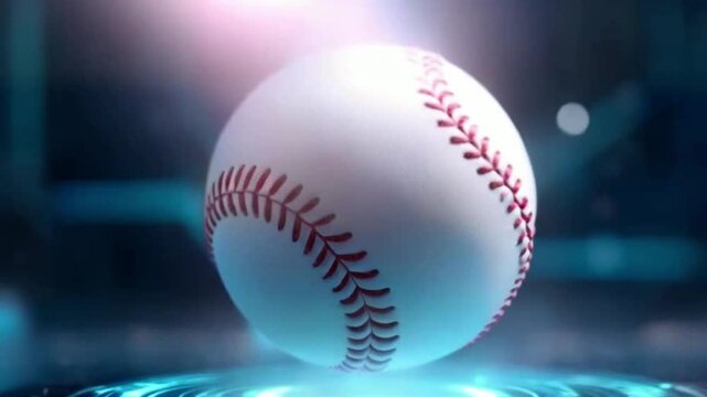 baseball resting on a wet, gritty field under bright stadium lights. symbolizing speed and power, set against a blurred stadium background.Concept of sport, show, competition.