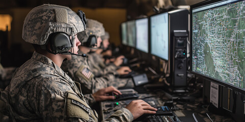 Fototapeta premium Illustrating the Communication and Command System in Military Exercises: Highlighting the Crucial Role of Information Warfare