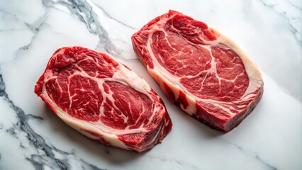 Silhouette Photography of Raw Ribeye Steaks, Top View on White Background for Culinary, Cooking, and Meat Industry Visuals
