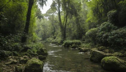 Obraz premium Lush green forest landscape with a serene stream and rocks surrounded by vibrant foliage 