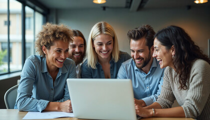 Happy smiling diverse employees using laptop, watching webinar together, engaged in online conference, students, office workers working on project, teamwork concept, horizontal photo