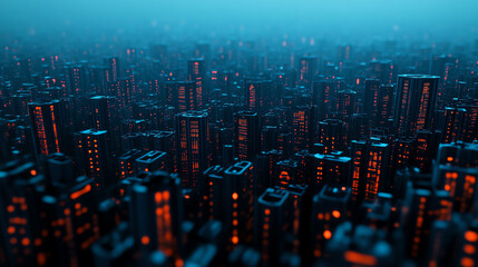 Aerial view of a sprawling urban cityscape at night with glowing orange lights contrasting against the deep blue dusk sky, depicting a vibrant metropolitan environment.