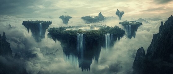 Dreamy Fantasy Landscape Floating Islands  Glowing Flora