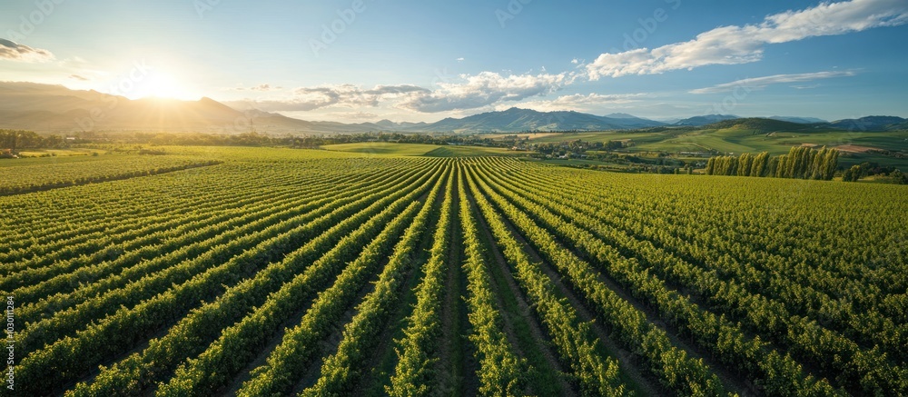 Poster a large field of lush green crops with rolling hills in the background, illuminated by the golden ra