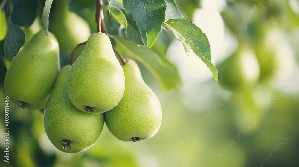 Canvas Prints Close-up of ripe green pears hanging on a branch in an orchard.