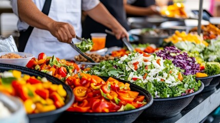 Street food stall selling fresh salads, vibrant urban market vibes