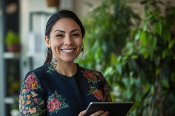 Smiling mature business mexican american woman with tatoos manager executive, happy middle aged businesswoman entrepreneur, 40 year old professional hr holding digital tablet looking at camera standin