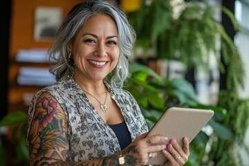 Smiling mature business mexican american woman with tatoos manager executive, happy middle aged businesswoman entrepreneur, 40 year old professional hr holding digital tablet looking at camera standin