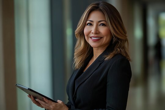 Smiling mature business mexican american woman manager executive, happy middle aged businesswoman entrepreneur, 40 year old professional hr holding digital tablet looking at camera standing in office 