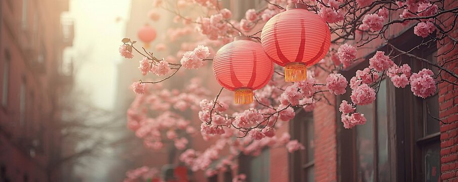 Cherry Blossom Tree with Red Lanterns Asian Festival Decoration