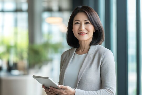Smiling mature business asian american woman manager executive, happy middle aged businesswoman entrepreneur, 40 year old professional hr holding digital tablet looking at camera standing in office at