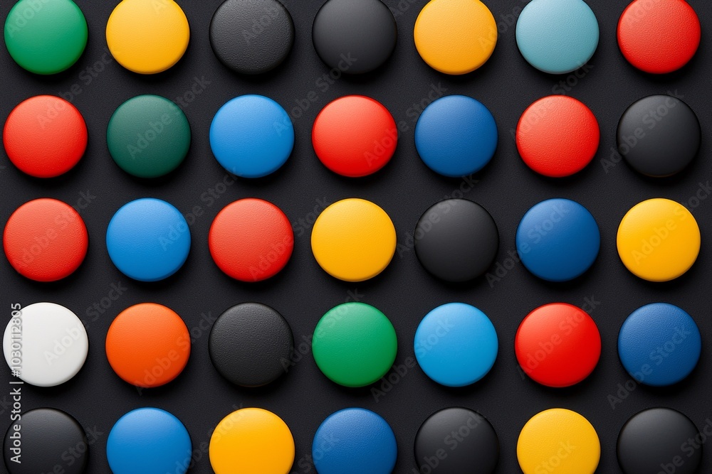 Poster colorful round buttons in a grid pattern on black background