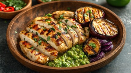 Grilled Chicken on Wooden Plate with Thai Ingredients
