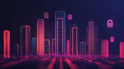 Fototapeta premium Futuristic city skyline with neon lights and digital security icons, showcasing a modern blend of architecture and technology on a dark background.
