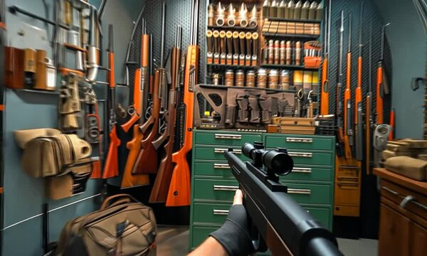 A detailed exploration reveals an underground armory where an impressive collection of firearms and military equipment is neatly displayed. The environment showcases exceptional organization and care