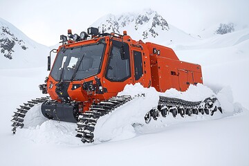 Orange Snow Cat Heavy Equipment Vehicle in Snowy Mountain Landscape