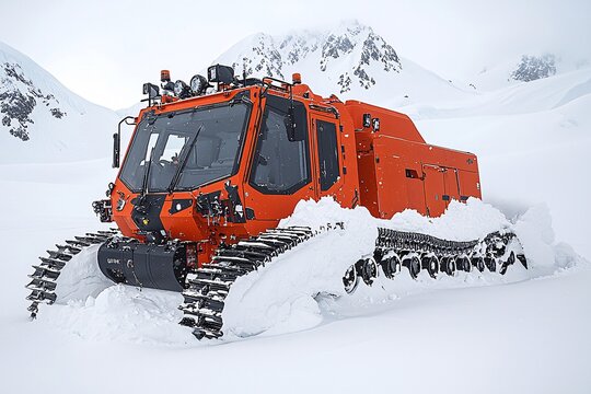Orange Snow Cat Heavy Equipment Vehicle in Snowy Mountain Landscape