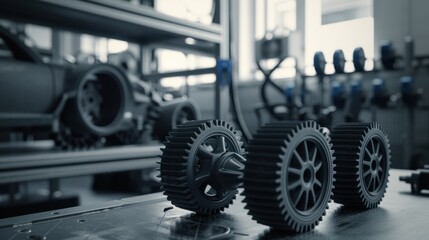 Fototapeta premium 3D Printed Car Parts: This technology produces automotive components like gears and brackets, enabling rapid prototyping and customized designs while reducing manufacturing costs. 