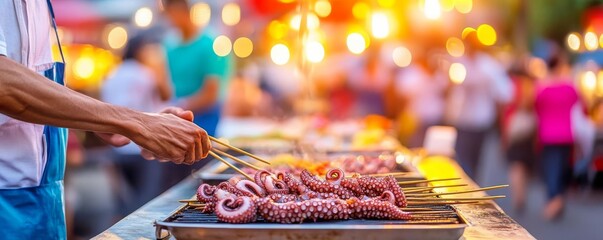 Vendor grilling octopus skewers, vibrant lights, crowded urban market