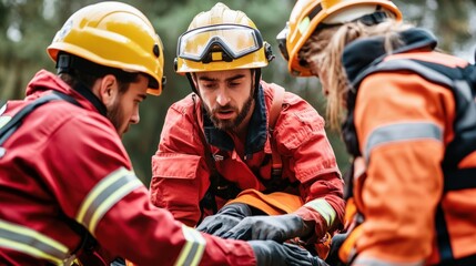 A group of rescue workers assisting each other in a training exercise, lifting equipment