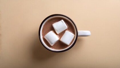 Warm and Cozy Hot Chocolate Topped with Marshmallows in a Brown Mug on Beige Background Perfect for Winter Holidays Comfort and Seasonal Treat Flat Lay Photography Ideal for Festive and Food Concepts