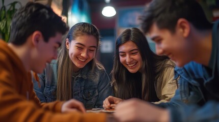 Obraz premium A group of young people working together to solve a puzzle during an escape room challenge, smiles on their faces