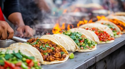 Obraz premium Vendor making tacos, smoky air, vibrant urban night market