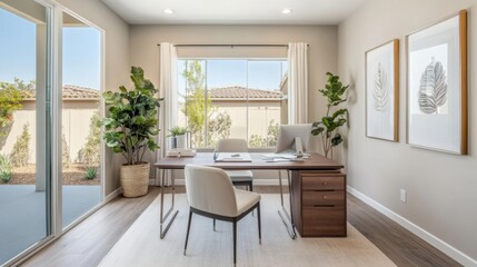 A spacious home office with a minimalist design, featuring a stylish desk, comfortable chair