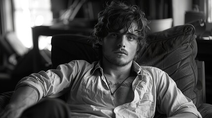 Obraz premium Black and White Portrait of a Young Man Sitting in a Chair