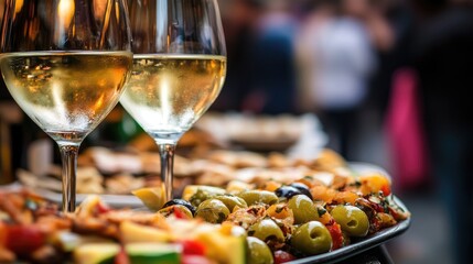 Fototapeta premium Colorful Cicchetti Snacks with Wine Glasses Close Up