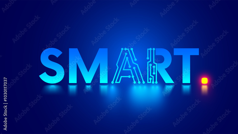 Poster Word Smart with letters AI in pcb electronic style. Text SMART on blue. Artificial intelligence abbreviation in vector word SMART.