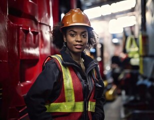 Confident female industrial worker wearing hard hat and safety vest posing in factory